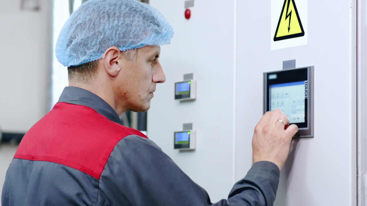 trabajador de fábrica que trabaja con pantallas táctiles de equipos informáticos industriales