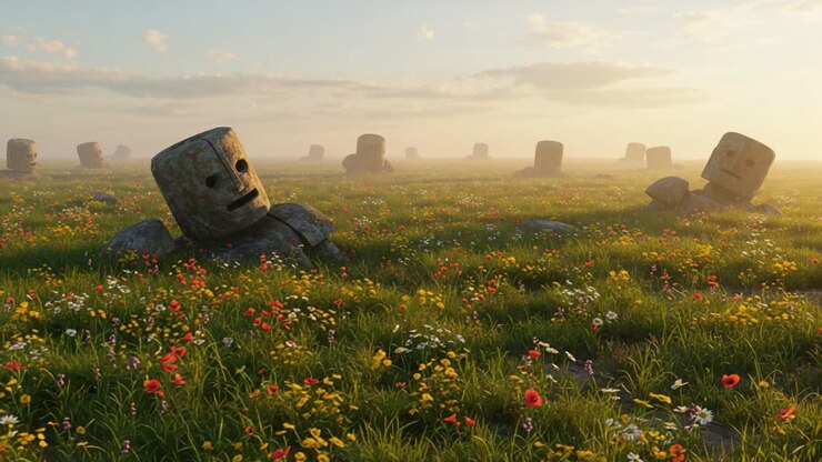 Et surrealistisk landskab med forvitrede stenfigurer omgivet af farverige vilde blomster under en gylden himmel i skumringen, der fremkalder en følelse af mystik og ro.
