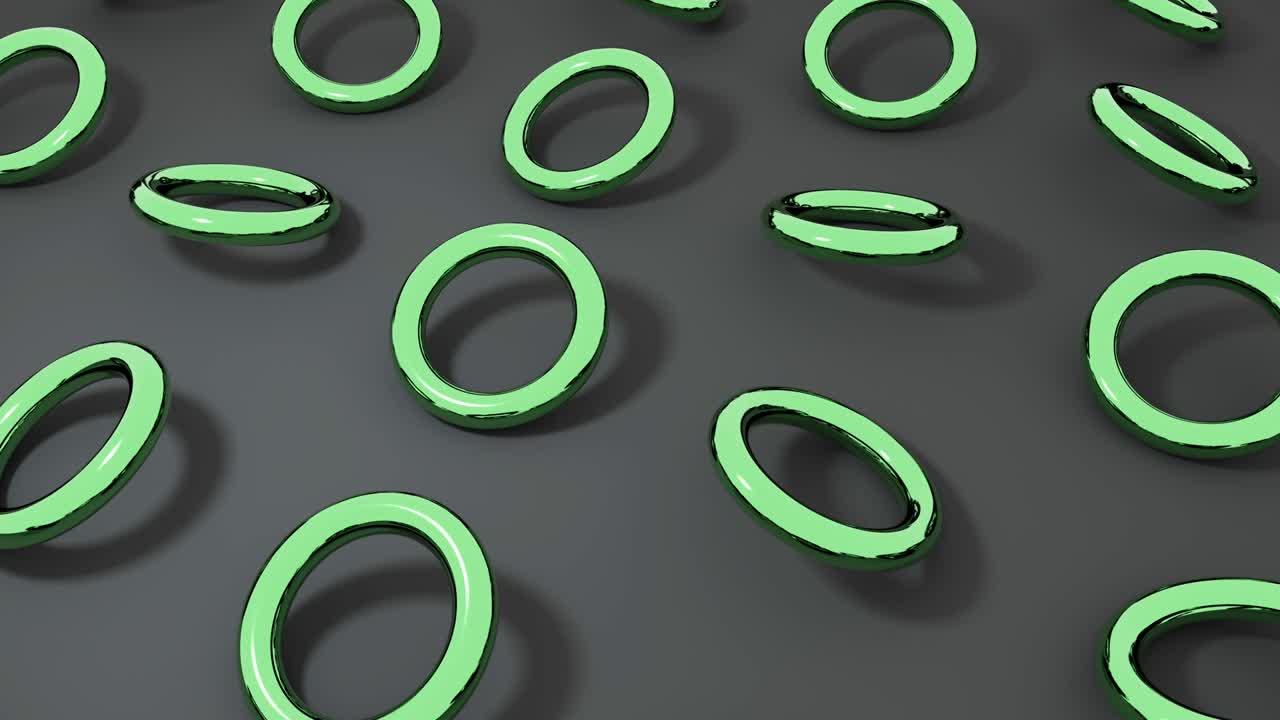 3D green torus rotating on dark surface. Abstract creative 4k seamless loop animation.