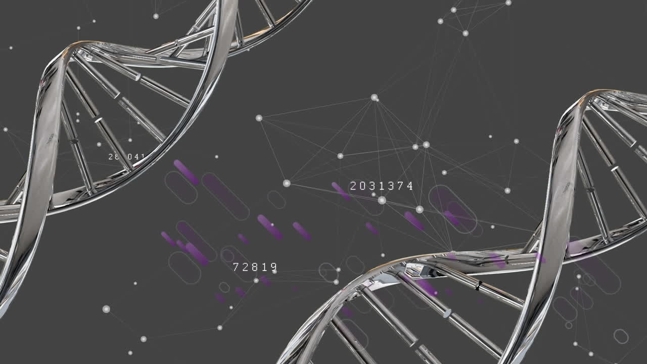 Animation of two dna structures spinning over network of connections against grey background