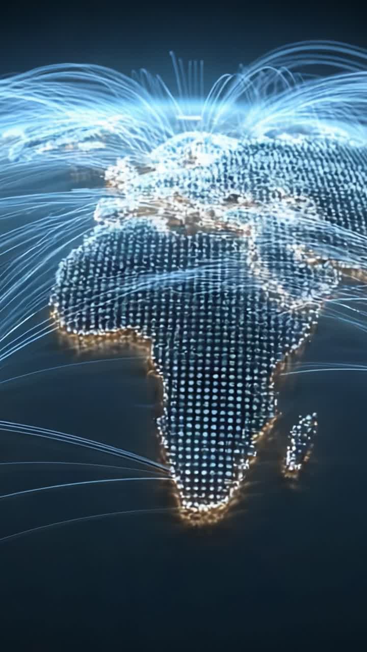 Illuminated Global Connections: A Dynamic Representation of Data Flow Highlighting Africa, Europe, and the Interconnected Network of Modern Communication Technologies