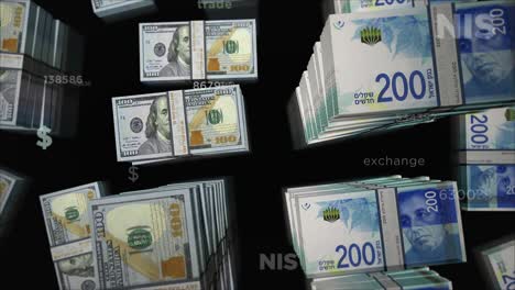 el dólar de estados unidos y el shekel de israel intercambian dinero. animación de bucle.