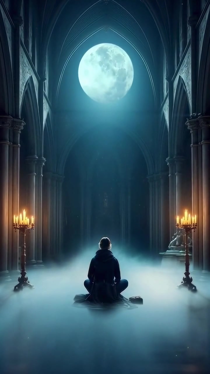 Person Meditating in a Gothic Cathedral Under a Full Moon