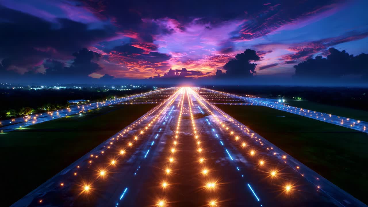 Breathtaking sunset view highlighting an illuminated runway, with vibrant clouds reflecting colors above it, creating a captivating scene of aviation and nature blending harmoniously against a dusk sky