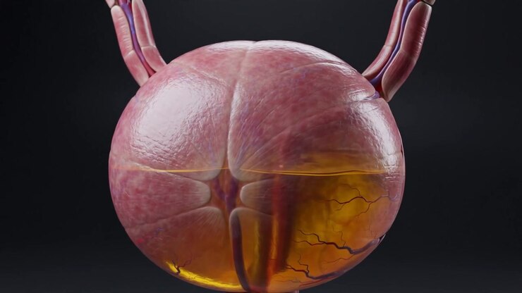 A Hyper-Realistic Urinary Bladder, Full And Round With Golden Urine Inside Its Translucent Wall, The Wall Trembling Slightly Under Pressure, Ureters