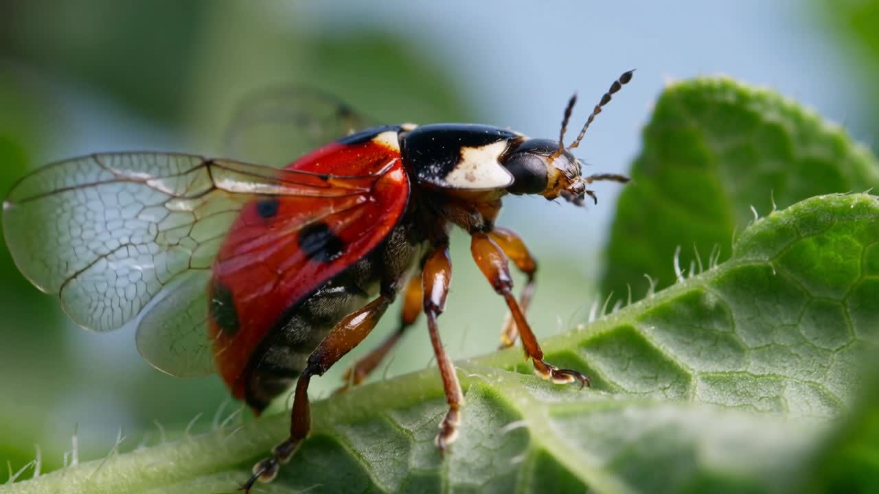 Antennae sensing leaf, ladybug lifting elytra, spreading wings, launching upward to fly
