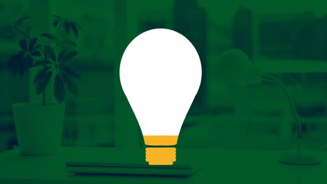 animation of light bulb feeling up with yellow on office on green background