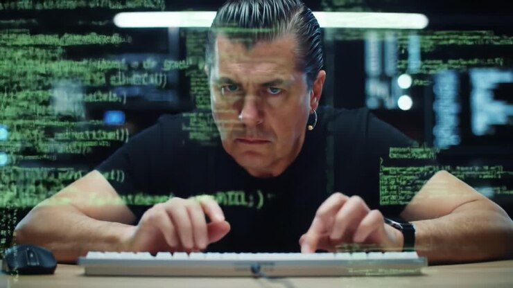 Intense Coding Session: A Focused Programmer Engages with Complex Code in a High-Tech Environment, Illustrating the Depth of Software Development and Cybersecurity Challenges