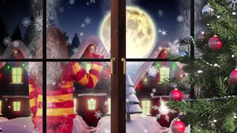 Animation-of-christmas-tree-over-winter-scenery-with-girl-waving-and-santa-claus