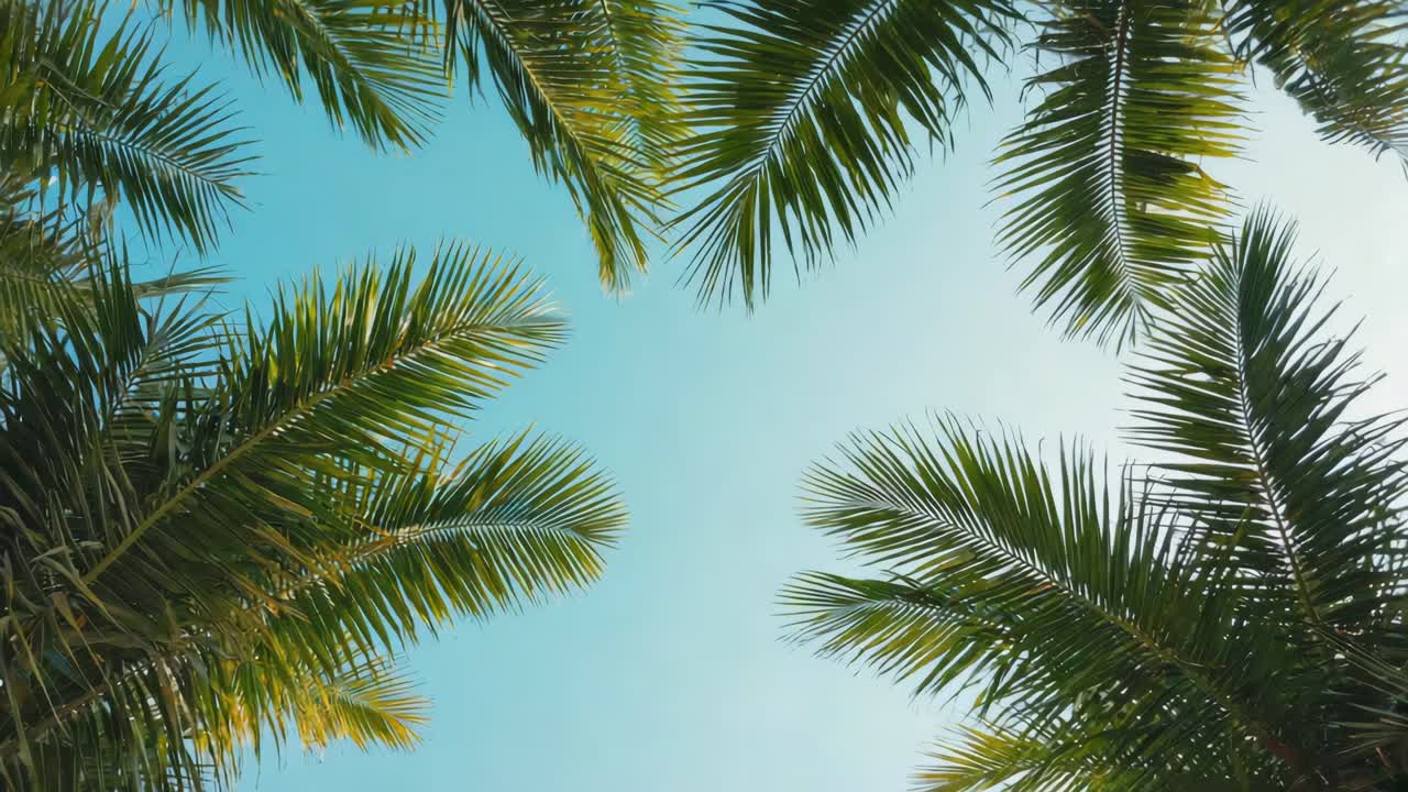 Green palm branches framing beautiful blue sky on sunny summer day, creating peaceful tropical background perfect for vacation and relaxation