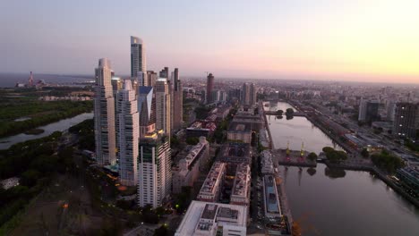 Epic-sunset-with-the-skyscrapers-of-Puerto-Madero,-Buenos-Aires,-Argentina