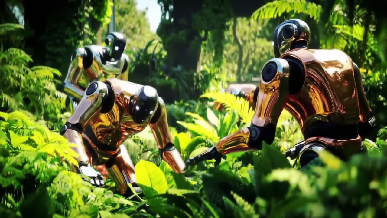 Cyborgs Cultivating Nature: A Glimpse into the Futuristic Harmony Between Robotics and Lush Green Ecosystems