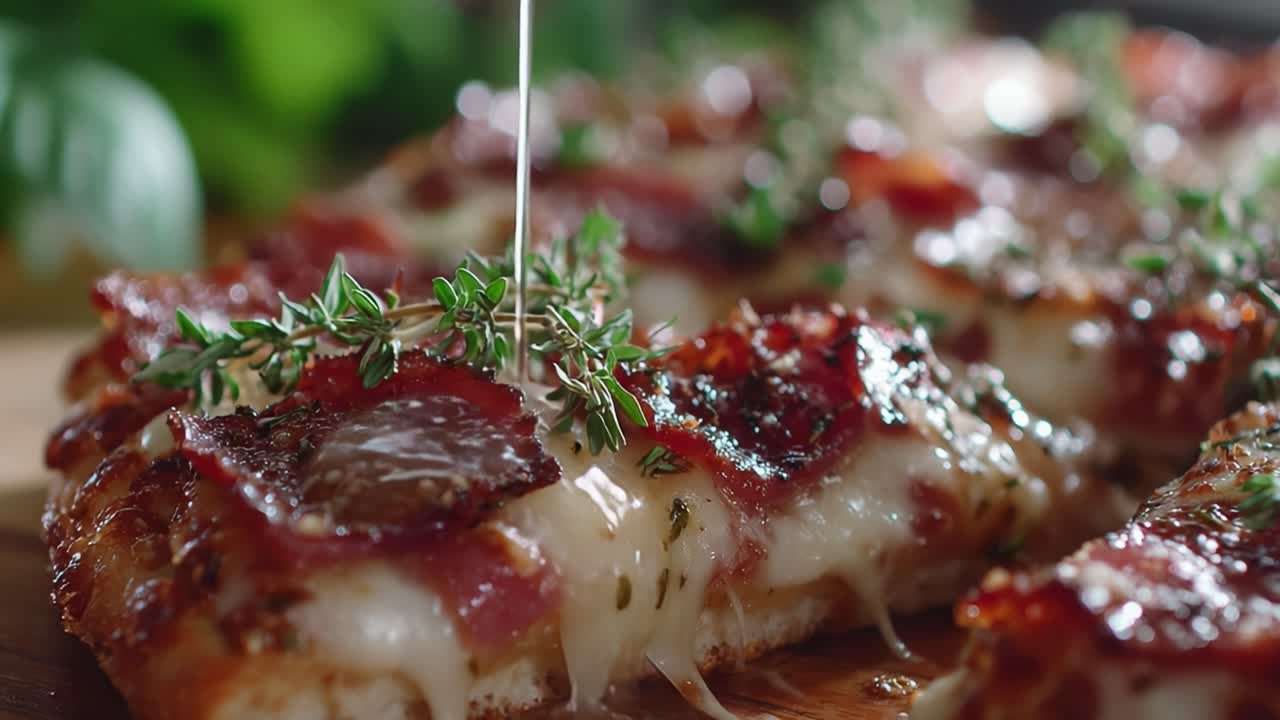 Deliciously Melted Cheese Dripping Over Crispy Pizza Topped with Savory Meat and Fresh Herbs, Capturing the Perfect Gourmet Experience