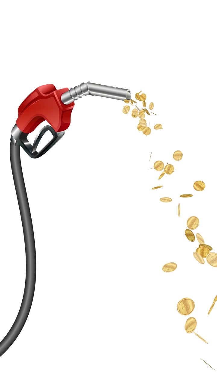 A red gas pump nozzle sprays gold coins against a plain white vertical background