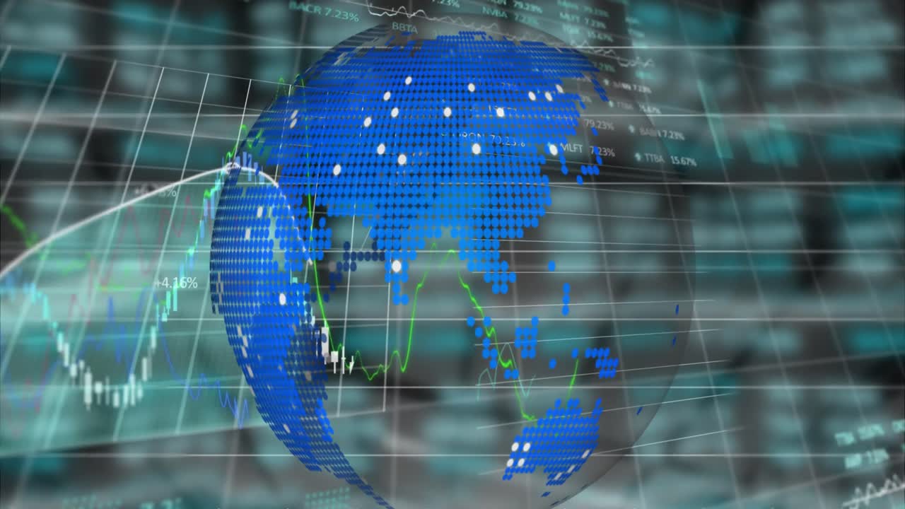 Animation of globe over financial data processing