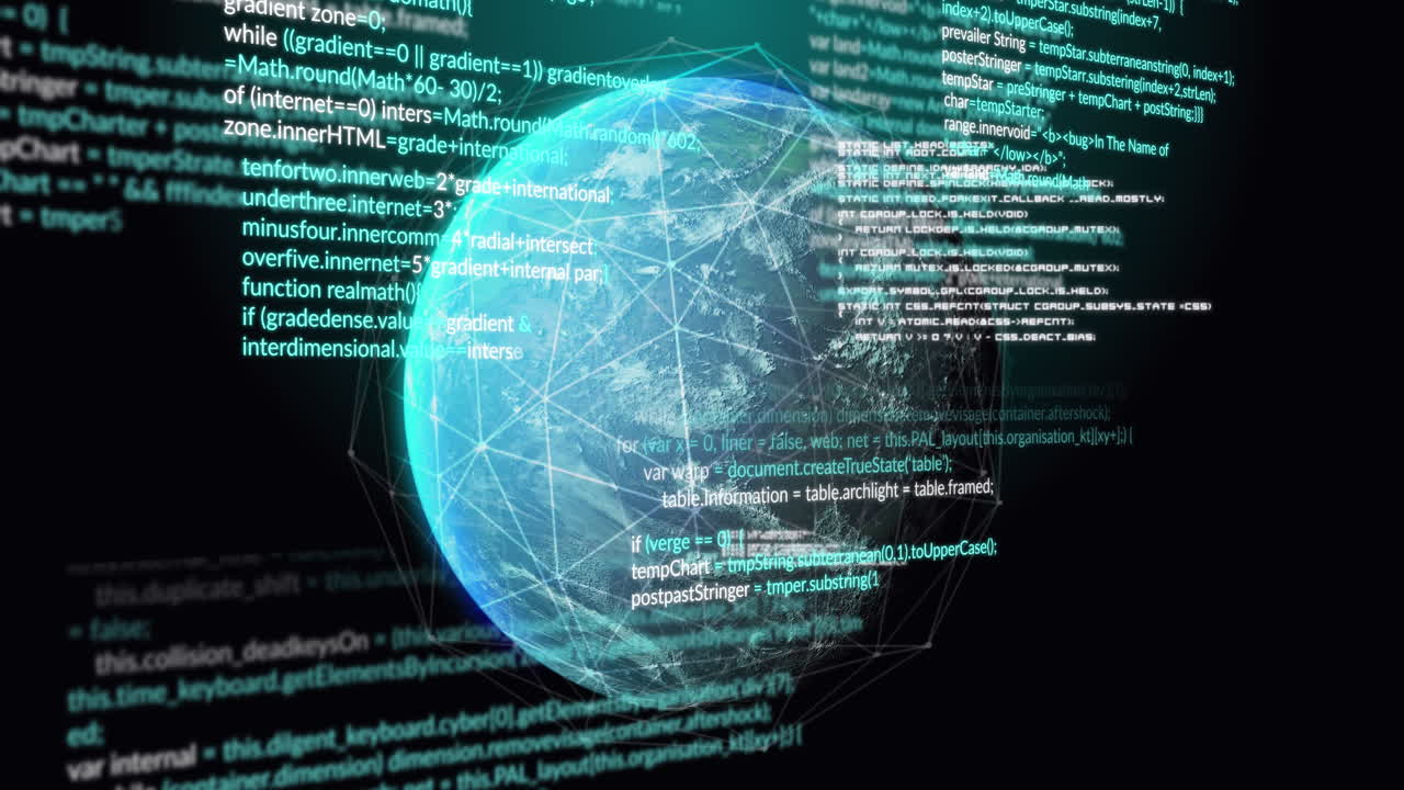 Animation of data processing and network of connections over spinning globe on black background