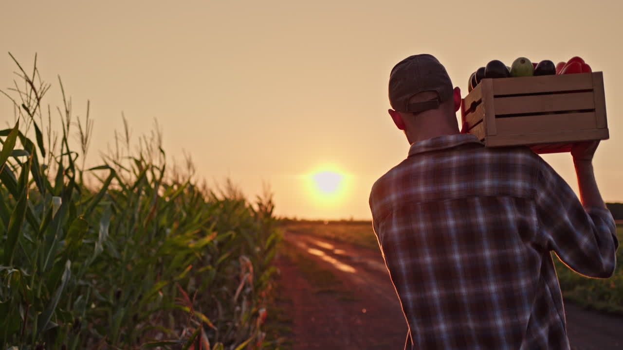 agricultor que lleva una caja de verduras al atardecer
