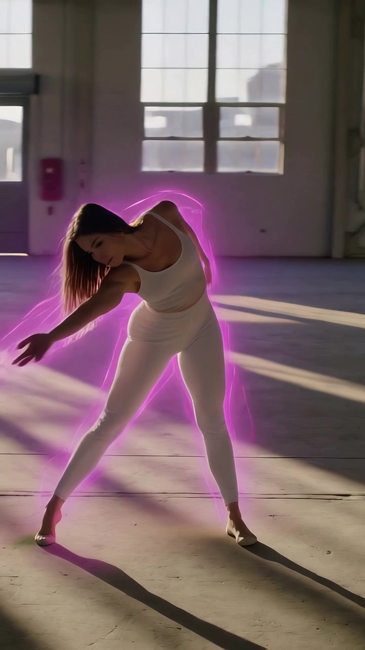 Video verticale: Ballerina che balla in crop top e leggings, allungandosi a sinistra e ruotando in un loft con profilo rosa.