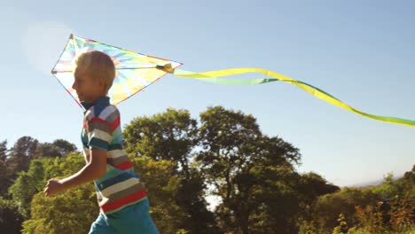 boy running in the park with kite