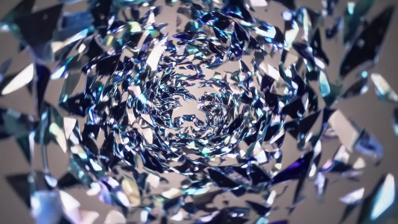 Countless iridescent glass shards are swirling, converging into a mesmerizing vortex, forming an abstract tunnel with a captivating depth of field and a gradient backdrop