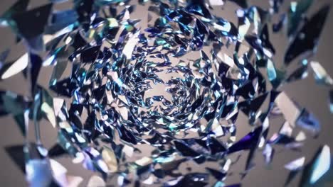 countless iridescent glass shards are swirling, converging into a mesmerizing vortex, forming an abstract tunnel with a captivating depth of field and a gradient backdrop