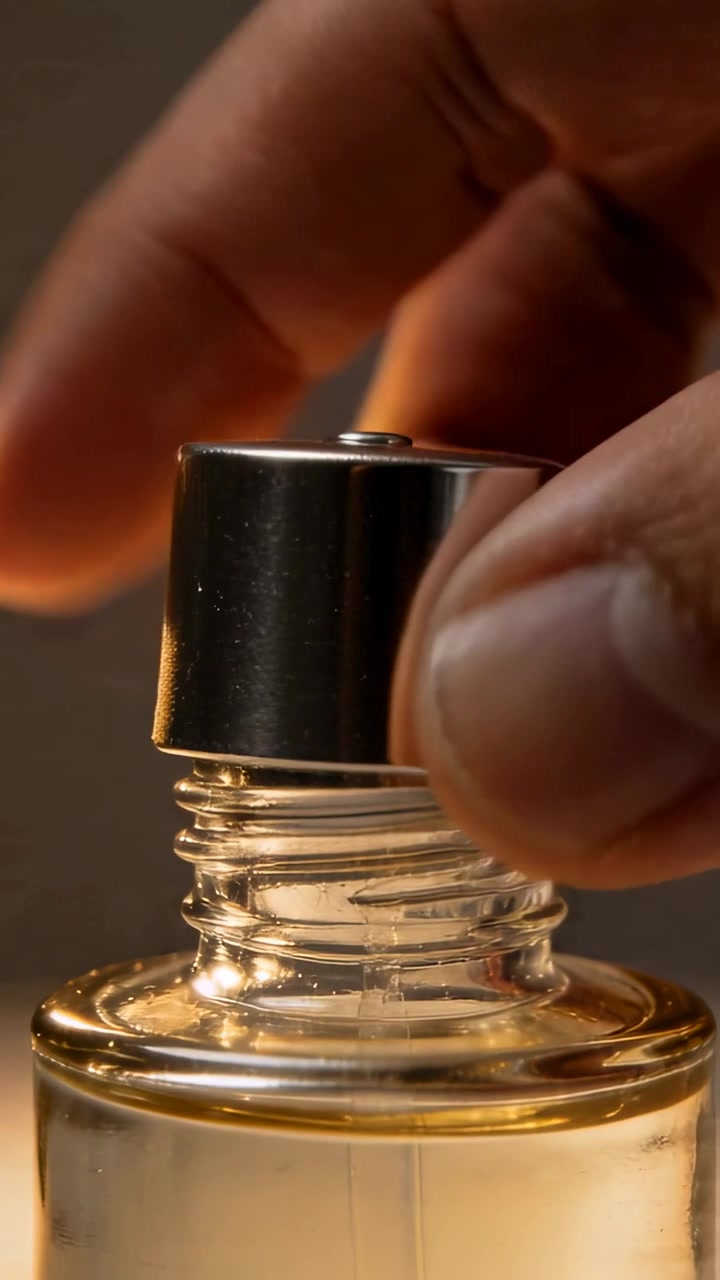 Video verticale: Una mano solleva e posiziona un inserto a rullo e fissa un tappo metallico su una bottiglia per sigillarla su un tavolo.
