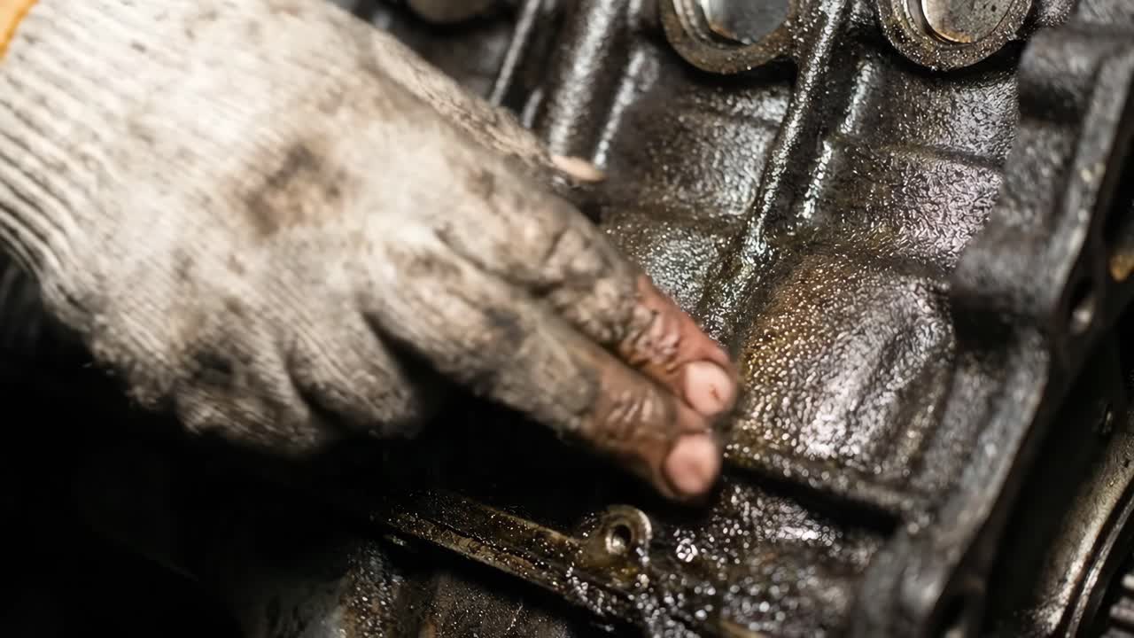 Mechanic's Hand in Glove Inspecting Oily Engine Block