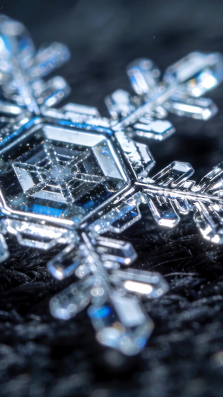 Video verticale: Un micro-spostamento dell'obiettivo rivela un fiocco di neve su una maglia scura, mettendone in risalto le sfaccettature.