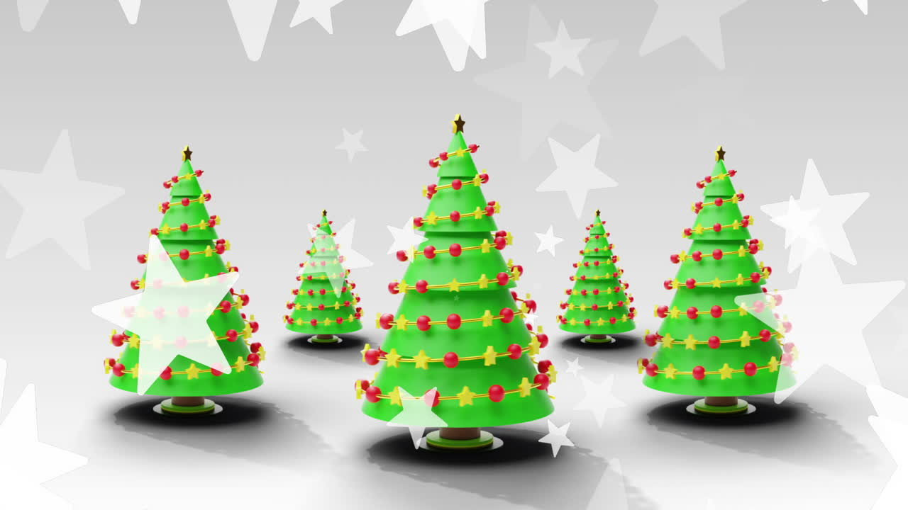 Animación de estrellas sobre árboles de Navidad en fondo blanco