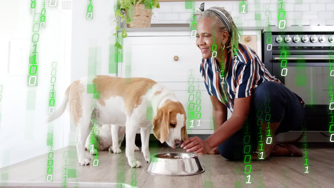Senior woman placing bowl, guiding dog feeding while green overlay falling across frame, pet care