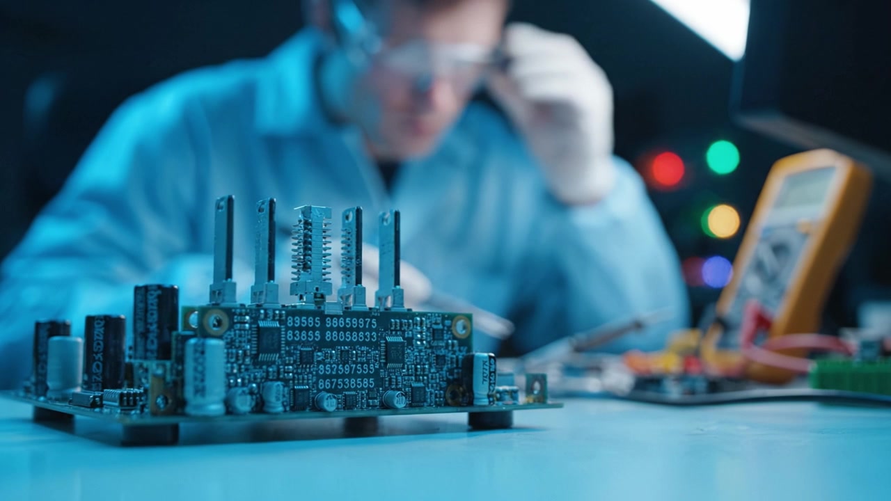 A Close-Up of a Circuit Board Being Carefully Assembled in a Dimly Lit Workshop, Highlighting the Intricate Details and Tools Used in Electronics Repair
