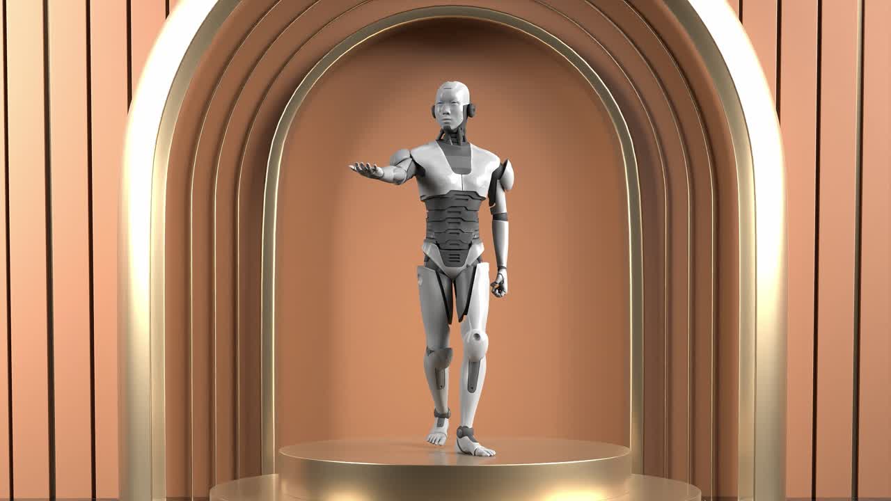 representación de la animación del prototipo de robot humanoide de pie en la exhibición del producto concepto de sociedad futurista