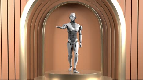 rendering animation of prototype robot humanoid standing on product display futuristic society concept