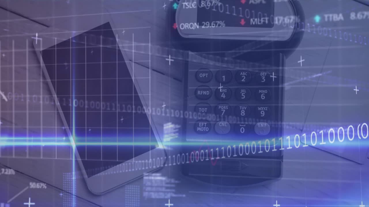 animazione di grafici su smartphone con spazio di copia e terminale di pagamento