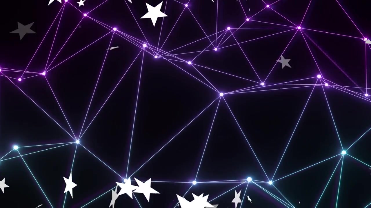 Stelle in alto a sinistra che avviano una rete luminosa pulsante mentre le stelle si spostano e si raggruppano per aggiungere profondità.