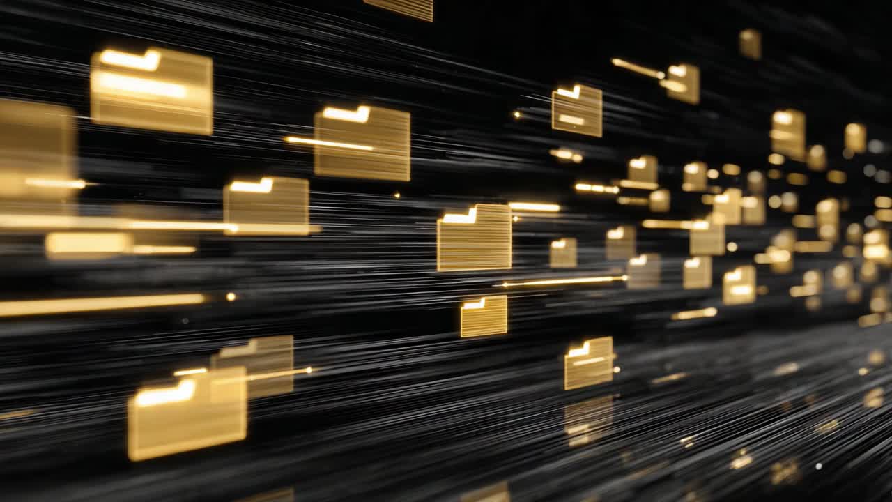 A Dynamic Visualization of Digital Files in Motion, Showcasing the Flow of Data Through Golden Folders Against a Dark Background, Signifying Information Transfer and Connectivity