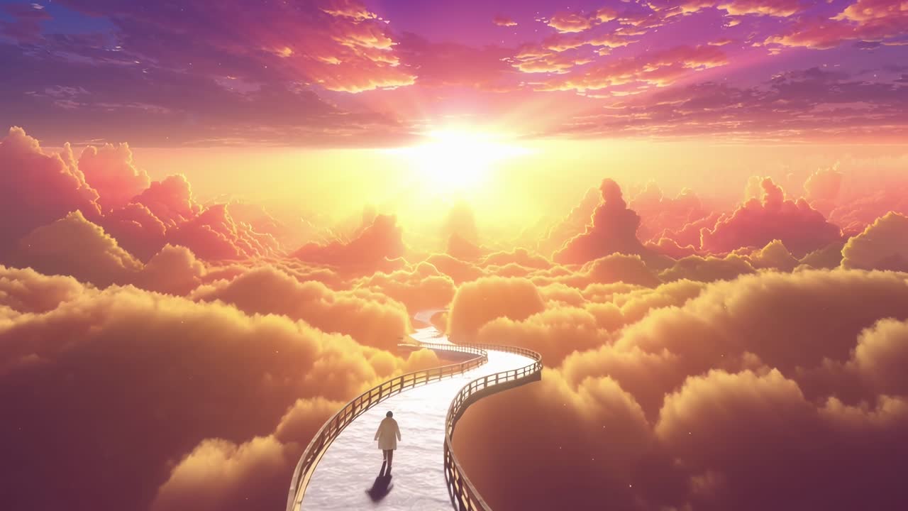 明るい夕日に向かって雲の上を曲がりくねった道を歩く人物。