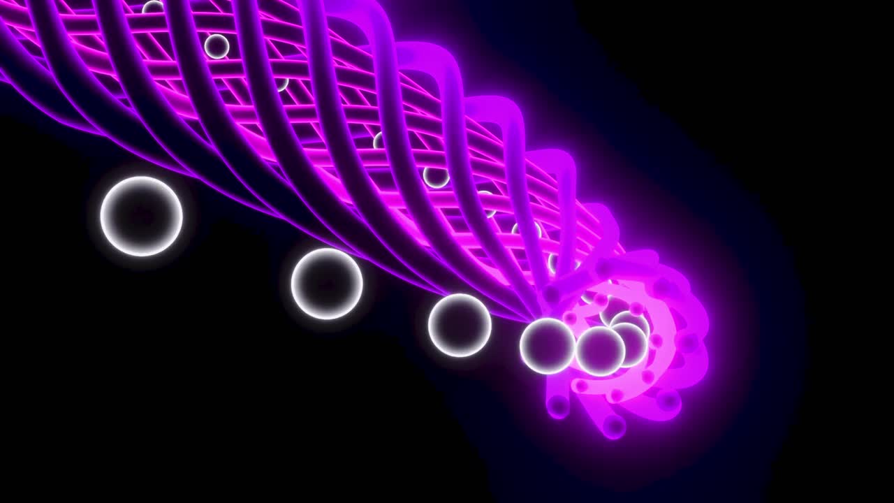 espiral 3d abstracta con líneas púrpuras brillantes y esferas blancas