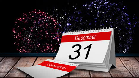 animation of 31 december calendar page and fireworks ion black background