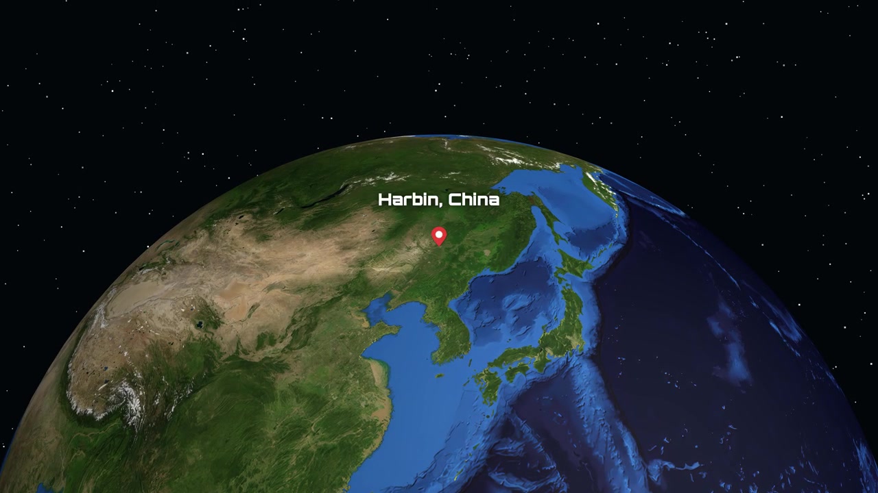 宇宙空間で回転する地球から、中国の特定の地点マーカーへズームインするデジタルアニメーション。