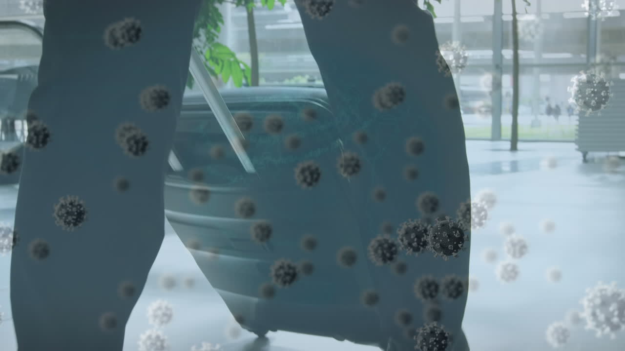 가방 을 들고  ⁇ 고 있는 사업가 의 다리 위 에 있는 바이러스 세포 의 애니메이션