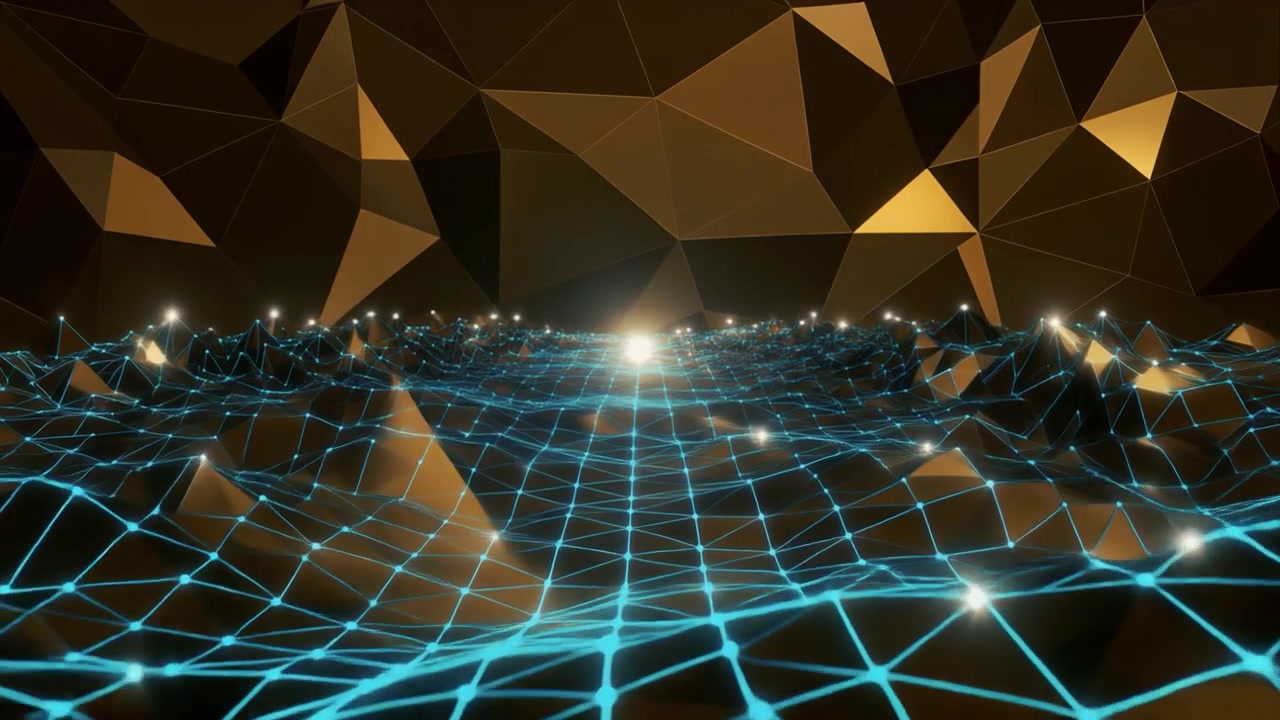 Abstract Digital Landscape with Glowing Blue Grid and Gold Geometric Background