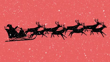 Animation-of-black-silhouette-of-santa-claus-in-sleigh-being-pulled-by-reindeer-with-snow-falling-on