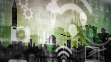 animation of digital icons floating over cityscape