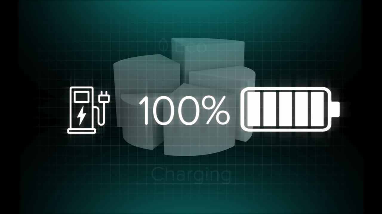배터리 충전 애니메이션은 100 개 이상의 친환경 전력 아이콘을 보여줍니다.