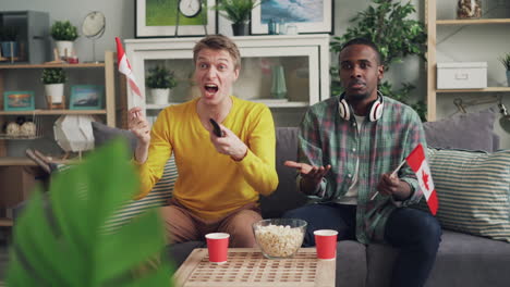 friends watching a sporting event, likely hockey or football, in canada