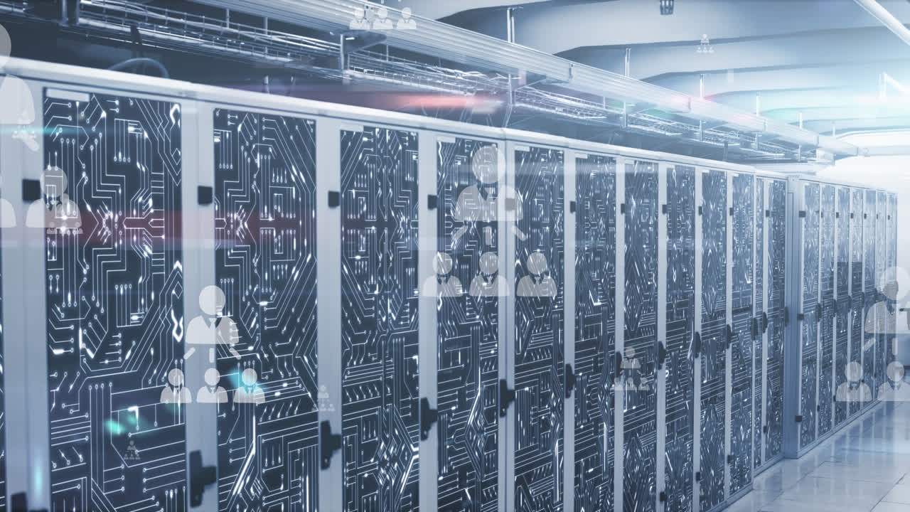 Animation of media icons over server room