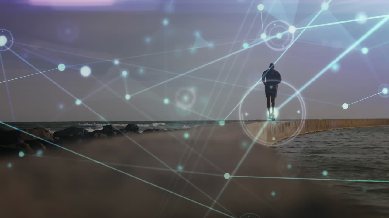 Animation of network of connections and data processing over man running