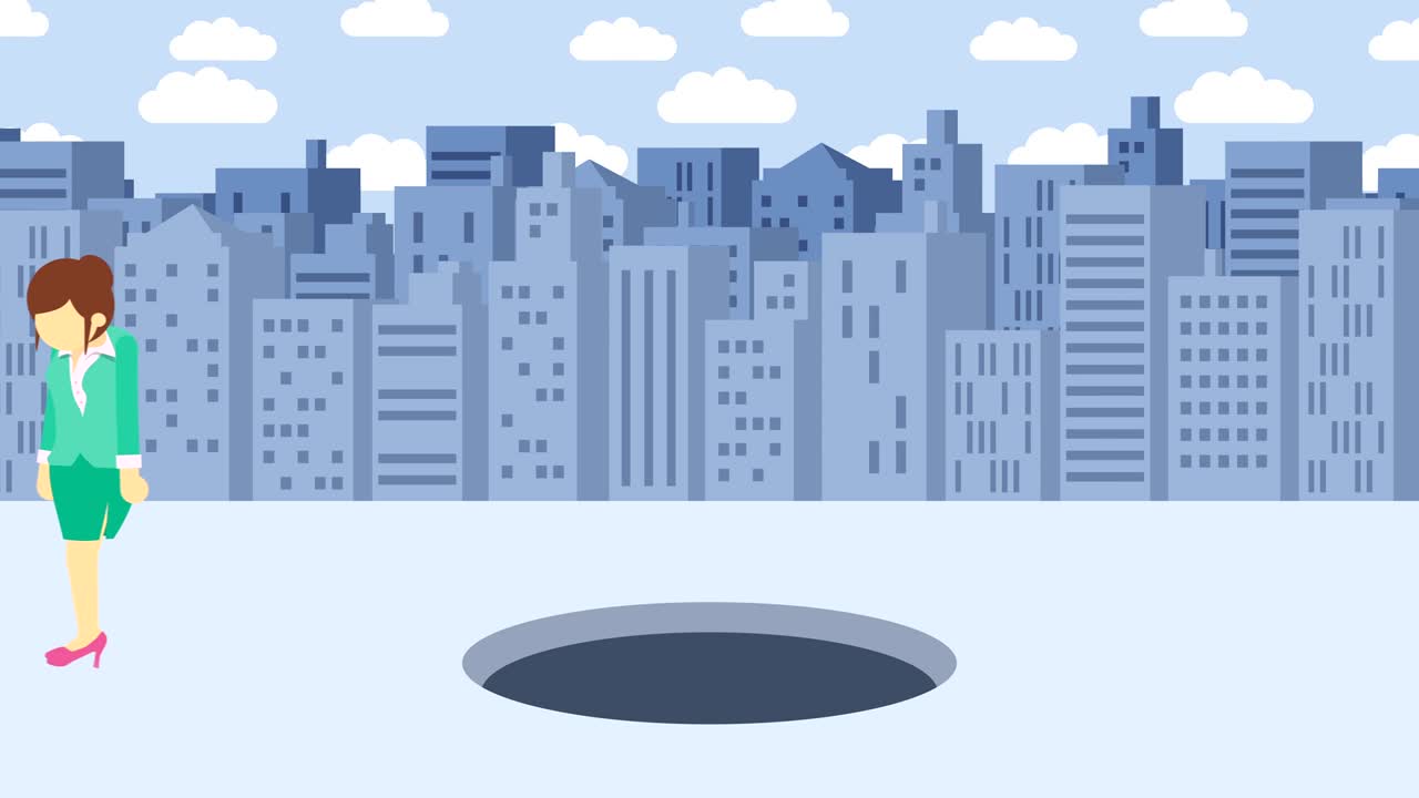 Donna d'affari che salta oltre il buco. Sfondo di edifici. Concetto di rischio. Illustrazione in loop in stile piatto.