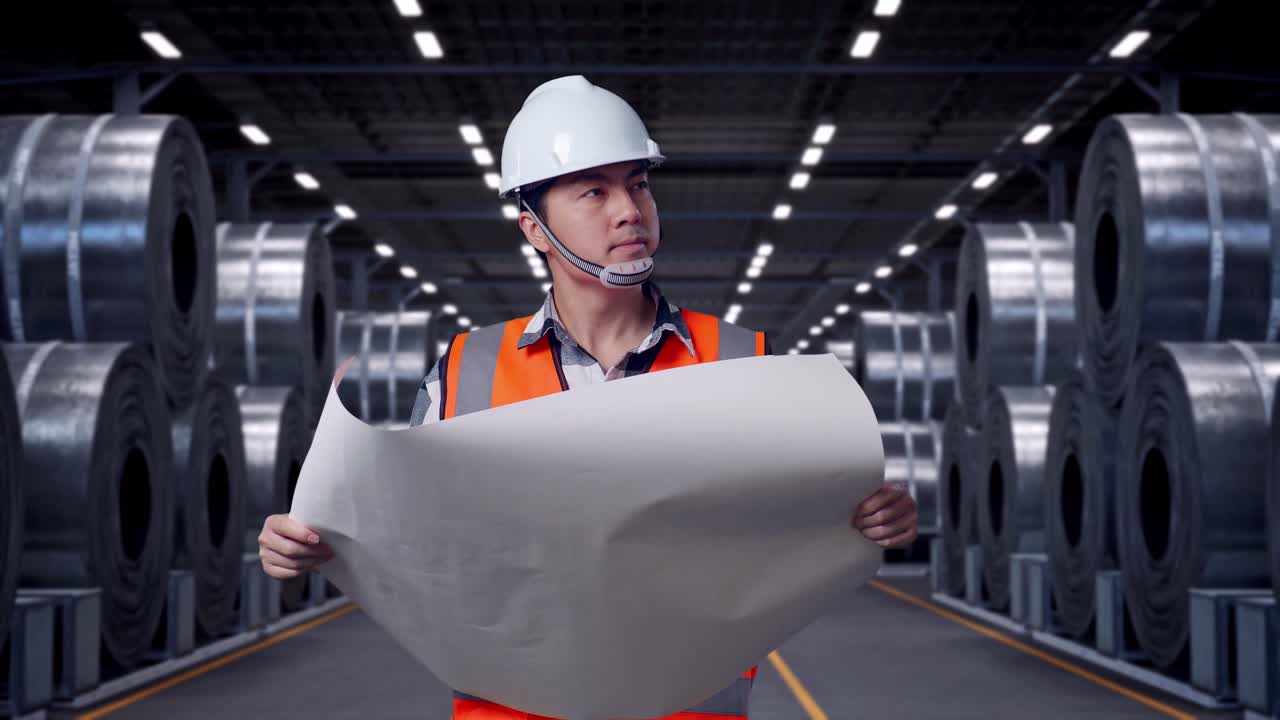 Asian Male Engineer With Safety Helmet Looking At Blueprint In His Hands And Looking Around While Standing with Stacks of Huge Metal Steel Coils